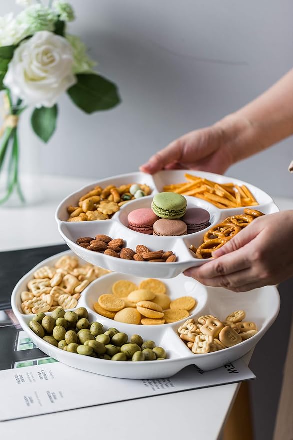 LAUCHUH Veggie Tray Set of 2, Porcelain Chip & Dip Serving Set Divided Serving Platter White Serving Tray for Mother's Day Party, Fruits, Veggies, Candy, Snack, Dessert, 12 inch