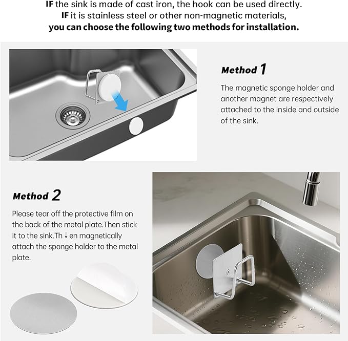 Magnetic Sponge Holder for Kitchen Sink,1 Pcs Strong Magnetic Stainless Steel Rack Stand, Kitchen Accessories, Dish Sponge Organizer, Scrubber Caddy, with Extra Magnets and Metal Plates