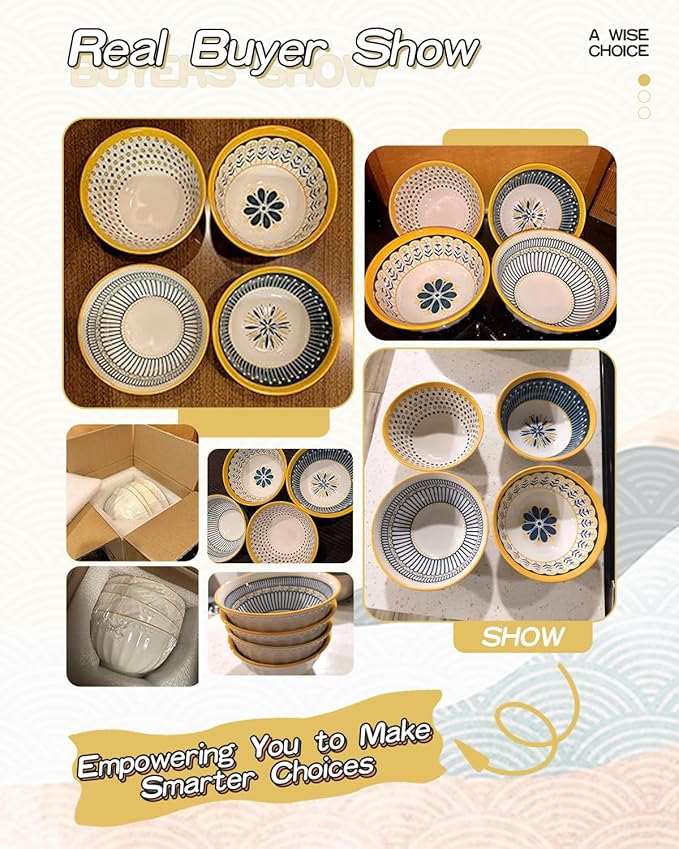 Yeacccng Bohemian Cereal Bowls Set of 4, 27 Oz Ribbed Exterior Ceramic Bowls, 6.14 Inch Lead-Free Scratch-Resistant for Soup/Cereal/Oatmeal/Pasta/Fruit, Dishwasher & Microwave Safe