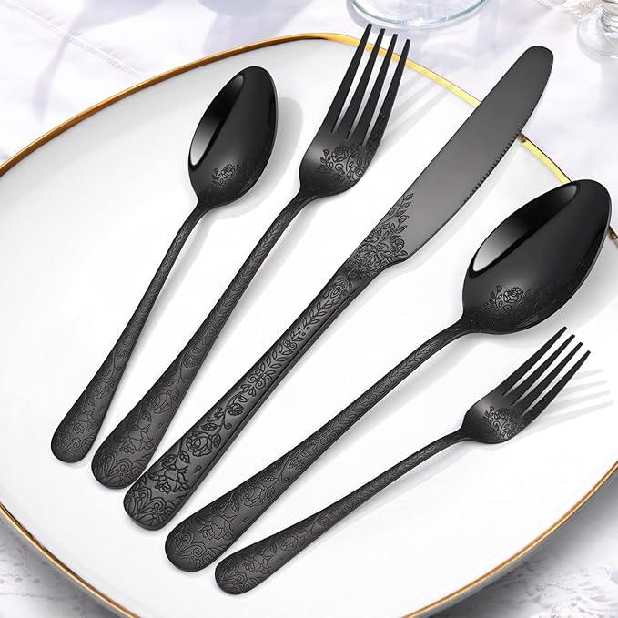 40-Piece Unique Silverware Set,OIULO Embossed Pattern Flatware Set for 8,Stainless Steel Silverware Flatware Cutlery Set,Vintage Fine Utensils Include Knife/Fork/Spoon,Mirror Finished,Dishwasher Safe