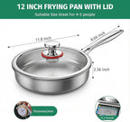 12 Inch Stainless Steel Pan, 5pcs Tri-Ply Stainless Steel Frying Pan with Lid, Dishwasher & Oven Safe, Induction Cooking Skillets, Fast & Even Heat and Detachable Handle