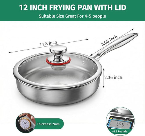 12 Inch Stainless Steel Pan, 5pcs Tri-Ply Stainless Steel Frying Pan with Lid, Dishwasher & Oven Safe, Induction Cooking Skillets, Fast & Even Heat and Detachable Handle