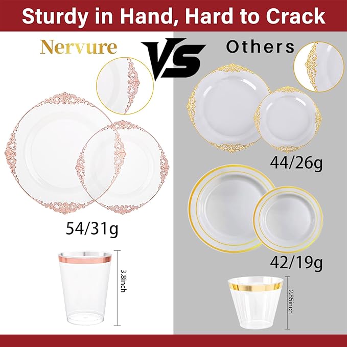 Nervure 350PCS Rose Gold Plastic Plates - Rose Gold Plastic Dinnerware Sets for 50 Guests - 100 Disposable Plates, 150 Silverware, 50 Cups, 50 Napkins Perfect for Wedding & Party & Easter