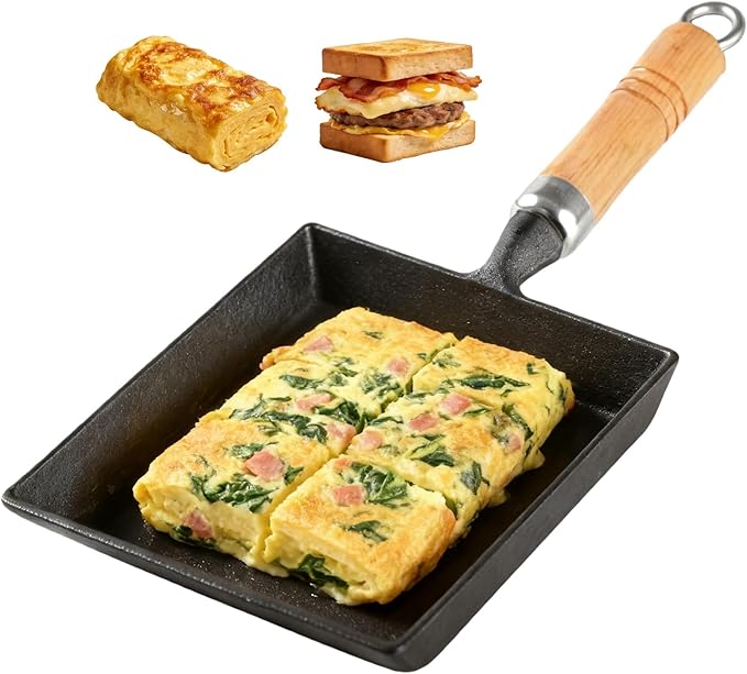Tamagoyaki Pan, Cast Iron Japanese Omelette Pan for Breakfast, Perfect Rolled Eggs - Rectangular Egg Skillet for Gas & Induction Stovetops - Naturally Nonstick Surface When Seasoned, 7.2 x 6.1 inches