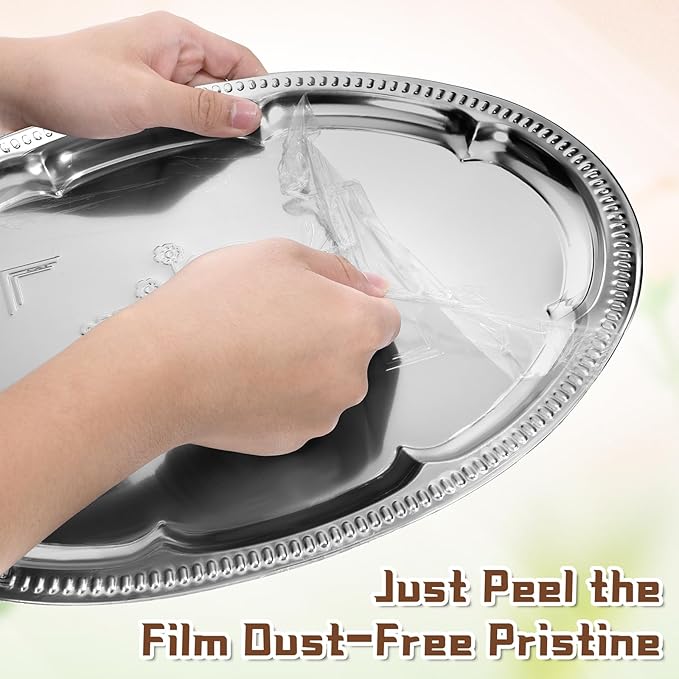 6 Pcs Large Silver Serving Trays, 15.7" x 11.8" Stainless Steel Oval Serving Tray, Decorative Silver Plates, Oval Floral Engraved Tray, Metal Sizzler Plates for Coffee Table, Bar, Party, Club, Home