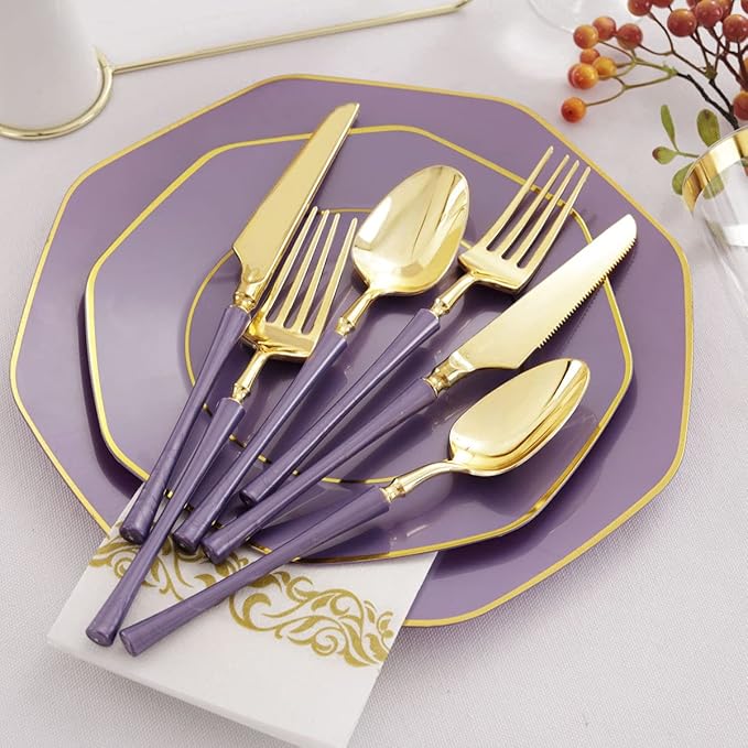 KIRE 140Pcs Purple Plastic Plates with Gold Rim& Gold Disposable Plastic Silverware with Handle&Clear Cups&Hand Napkin- Geometric Purple Plastic Plates for Parties & Mardi Gras