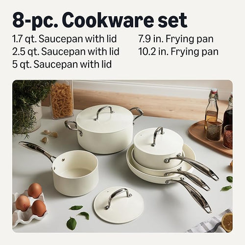 Amazon Basics Ceramic Nonstick Cookware, 8-Piece Set of Pots and Pans, Dishwasher and Oven-Safe, All Cooktop Induction Friendly, Ivory