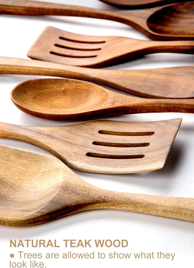 Nucookery Wooden Cooking Utensils Set with Holder, Teak Wood Utensils, Ceramic Holder for Countertop with Protection Cork Bottom, Nonstick Spoons, Spatula Set, 10 Pcs Kitchen Decor, (Stone Black)