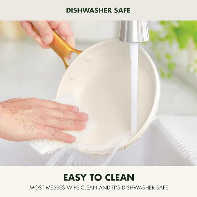 GreenPan Hard Anodized Healthy Ceramic Nonstick 8" 10" & 12" 3 Piece Frying Pan Skillet Set, Gold Handle, PFAS-Free, Dishwasher Safe, Oven Safe, Cream White