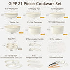 GiPP Ceramic Pots and Pans Set Non Stick, Nonstick Detachable Handle Cookware Sets, Healthy Non Toxic PFAS PFOA & PTFE Free, Dishwasher ＆Oven Safe, Induction Kitchen Pot and Pan, 21 Piece Cream