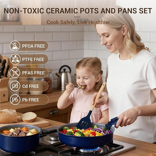 Ammeloo 18-Piece Ceramic Pots and Pans Set Non Stick, Non Toxic Cookware Set with Removable Handles, Pot Sets for Cooking, Induction Ready, Dishwasher & Oven Safe, PFAS PFOA & PTFE Free (Navy Blue)