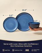 Pokini Blue Stoneware Dinnerware Set, 12 pcs Reactive Glaze Plates and Bowls Sets, Handmade Round Dishes Set for 4, Highly Chip and Crack Resistant Modern Plate Set
