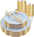 bUCLA 180PCS Blue Plastic Plates - Disposable Light Blue with Gold Rim - Include 30 Each (Dinner & Salad) Plates, 30 Knives, 30 Forks, 30 Spoons, 30 Cups for Party, Party, Birthday & Shower