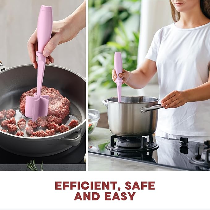 Meat Chopper, Hamburger Grinder, Premium Heat Resistant Smasher for Ground Beef, Burger Grinder Nylon Potato Mix Tool-Pink