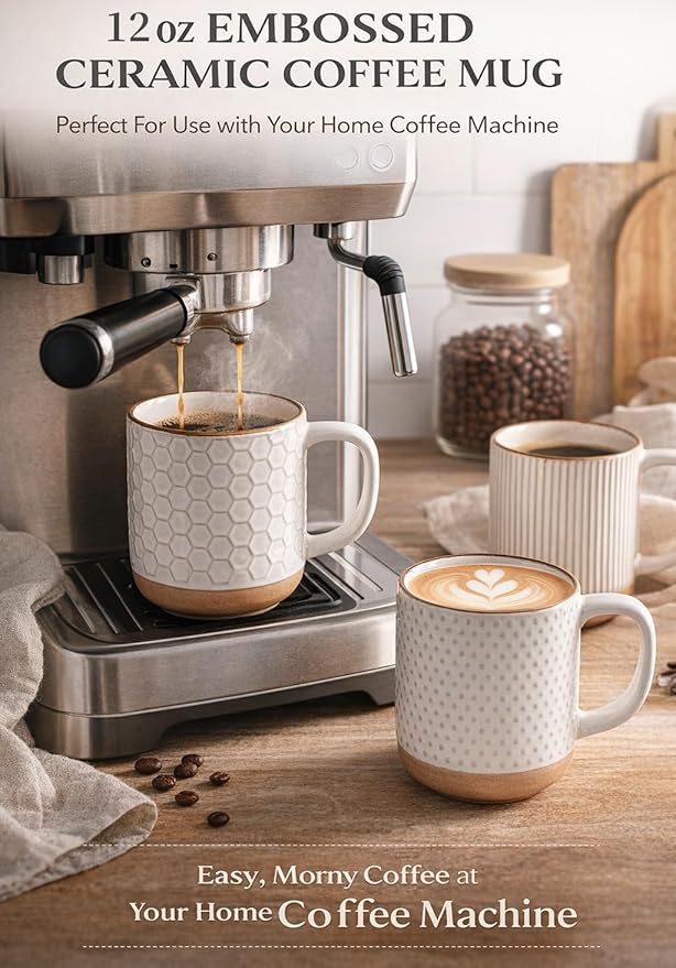 GBhome Coffee Mugs Set of 4, 12oz Handmade Stoneware Coffee Mugs Set with Large Handle for Cappuccino/Latte/Tea/Hot Cocoa, Dishwasher & Microwave Safe, Off White