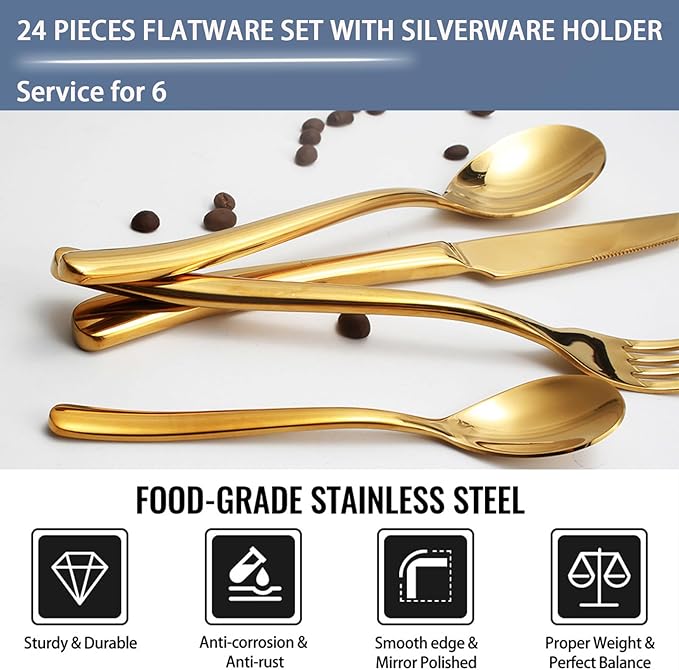 24 Pieces Flatware Set, Stainless Steel Cutlery Set with Silverware Holder, Spoons Forks Knives Set,Hanging Silverware Set Service for 6,Dishwasher Safe (Gold)