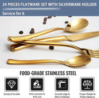 24 Pieces Flatware Set, Stainless Steel Cutlery Set with Silverware Holder, Spoons Forks Knives Set,Hanging Silverware Set Service for 6,Dishwasher Safe (Gold)