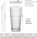 INSETLAN 20oz Hobnail Glass Cups with Lids and Glass Straws – 4 Pieces, Thick-Walled Glass Tumblers for Iced Coffee, Smoothies, Milk, Water, Juice, and More – Elegant and Durable Drinking Glasses