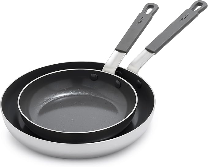 GreenPan x Bobby Flay Stainless Steel 8” & 10” Frying Pan Skillet Set, Professional Grade Tri-Ply, Multiclad, PFAS-Free Ceramic Nonstick, Induction Suitable, Dishwasher & Oven Safe, Stay Cool Handle