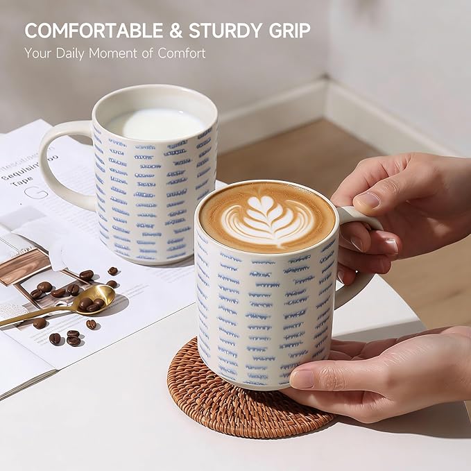 Coffee Mugs Set of 6, 17oz Ceramic Mugs with Handpainted Blue Gray Stripe Pattern, Modern Stackable Coffee Cups, Dishwasher and Microwave Safe Mugs for Home & Office