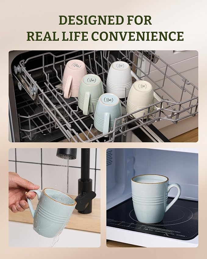 famiware Jupiter Coffee Mugs Set of 6, 13 oz Coffee Mug, Microwave and Dishwasher Safe, Coffee Cups with Handle for Coffee, Tea, Cocoa, Milk, Light Blue