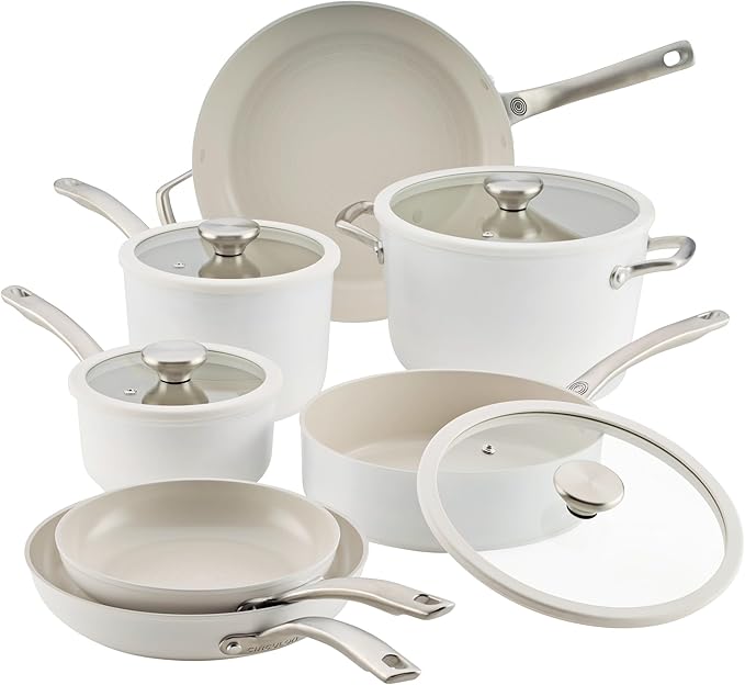 Circulon Halo with LaserDefense Ceramic Nonstick Pots and Pans with Lids, Compatible with All Stovetops, Made without PFAS, Dishwasher and Oven Safe, 11 Piece Cookware Set - Pearl White