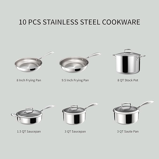 5-Ply 10 Pcs Stainless Steel Cookware Set, Pots and Pans Set with Glass Lids, Frying Pans, Saucepans, Saute Pan and Stock Pot, Compatible with All Cooktops, PTFE, PFAS and PFOA Free