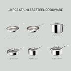 5-Ply 10 Pcs Stainless Steel Cookware Set, Pots and Pans Set with Glass Lids, Frying Pans, Saucepans, Saute Pan and Stock Pot, Compatible with All Cooktops, PTFE, PFAS and PFOA Free