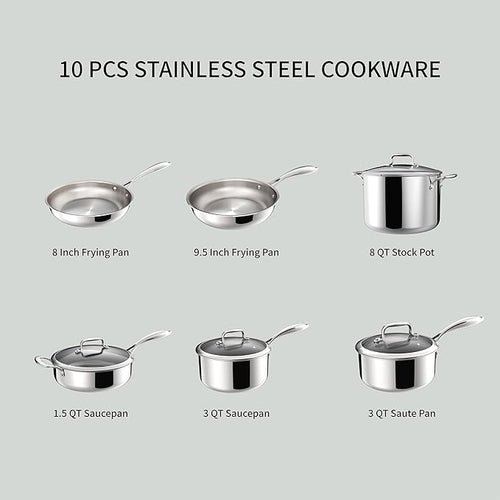 5-Ply 10 Pcs Stainless Steel Cookware Set, Pots and Pans Set with Glass Lids, Frying Pans, Saucepans, Saute Pan and Stock Pot, Compatible with All Cooktops, PTFE, PFAS and PFOA Free