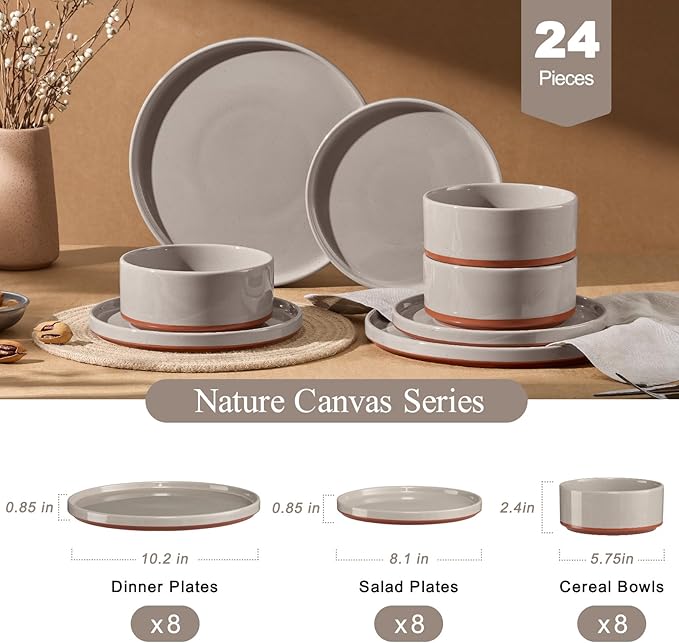 LIANYU Plates and Bowls Sets, 24 Pieces Stoneware Dinnerware Set for 8, Modern Kitchen Dinner Set Ceramic Dishware Dishes Set, Microwave and Dishwasher Safe, Terra Brown