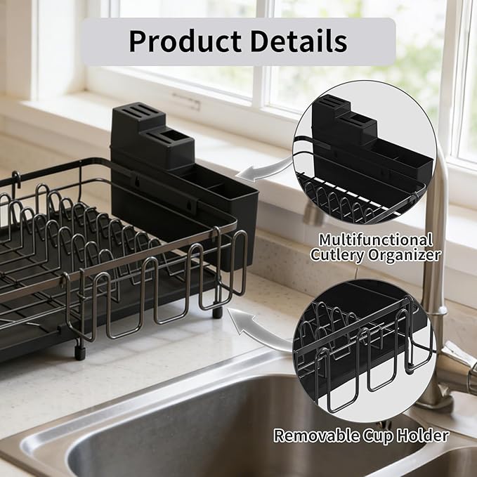 Foldable Dish Drying Rack for Kitchen Counter, Drying Rack Kitchen Counter, Sink Dish Drainer with Plate Holder, Small Kitchen Dish Strainer & Dish Dryer Organizer, Adjustable 13.7"-22.83"