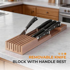 Small-Bamboo-Silverware-Drawer-Organizer, Expandable Utensil Kitchen Cutlery Tray Flatware Organization Wood Tableware Dividers Storage (with Removable Knife Block)(Brown)