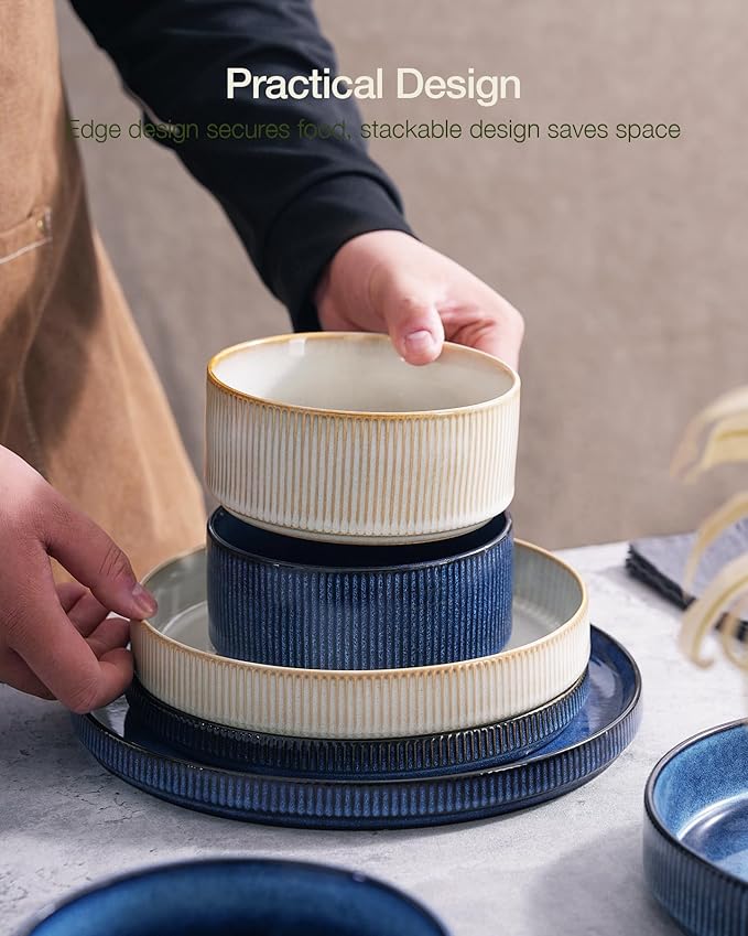 Famiware Star 12-Piece Stoneware Dinnerware Sets for 4, Modern Rustic Dishes for Everyday & Formal Use, Reactive Glaze Plates and Bowls, Chip/Scratch Resistant, Microwave/Dishwasher Safe, White & Blue