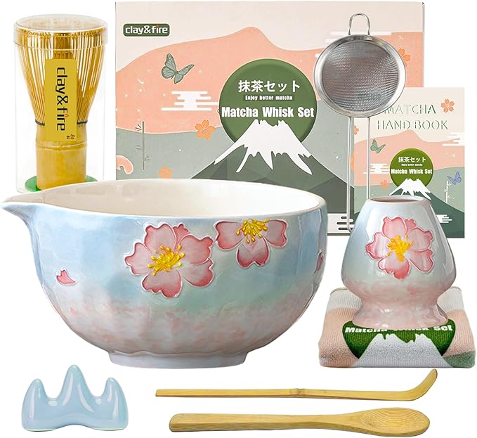 Clay&Fire Matcha Whisk Set，9 Pcs Ceramic Matcha Set, 15 OZ Matcha Bowl with Spout and Whisk，Matcha Kit for Friend, Ideal Gift for Matcha Lover（Cherry Bloom）
