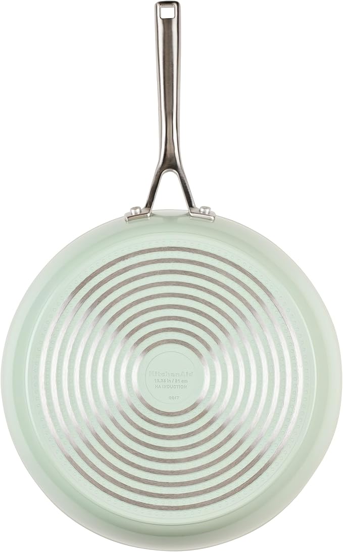 KitchenAid Hard Anodized Ceramic Induction Nonstick Cookware Frying Pan/Skillet with Lid, Dishwasher Safe, 12.25 Inch Non Stick Fry Pan with Stainless Steel Handle - Pistachio