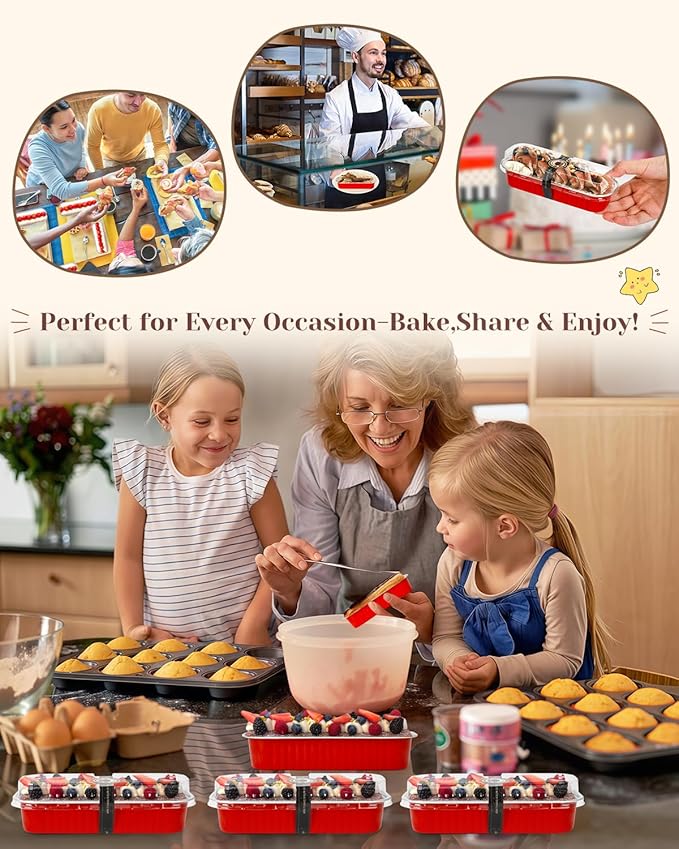 100 Pack Mini Loaf Pans with Lids and Spoons Sealing Sticker, 6.8oz Aluminum Foil Mini Cake Pans for Baking, Disposable Small Mothers Day Bread Pans with Lids – Valentines Tins CupCake, Red