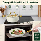 Pots and Pans Set Non Stick, 7 Piece White Granite Induction Cookware Set, Nonstick Kitchen Cooking Set with Gold Handle and Utensil, Oven Safe (PFOS, PFOA Free)