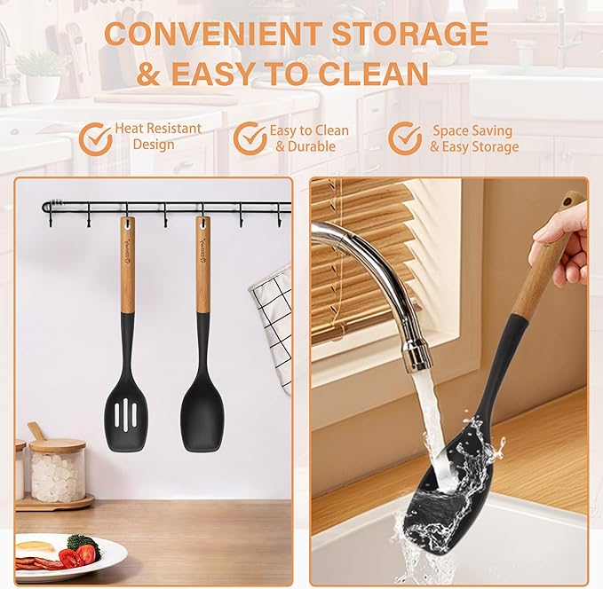 4PCS Silicone Cooking Utensils Set, Large Nonstick Spatula Spoons Set with Wooden Handle, Silicone Cooking Spatula Set, Heat Resistant Solid and Slotted Turners, Serving Spoon(Black)