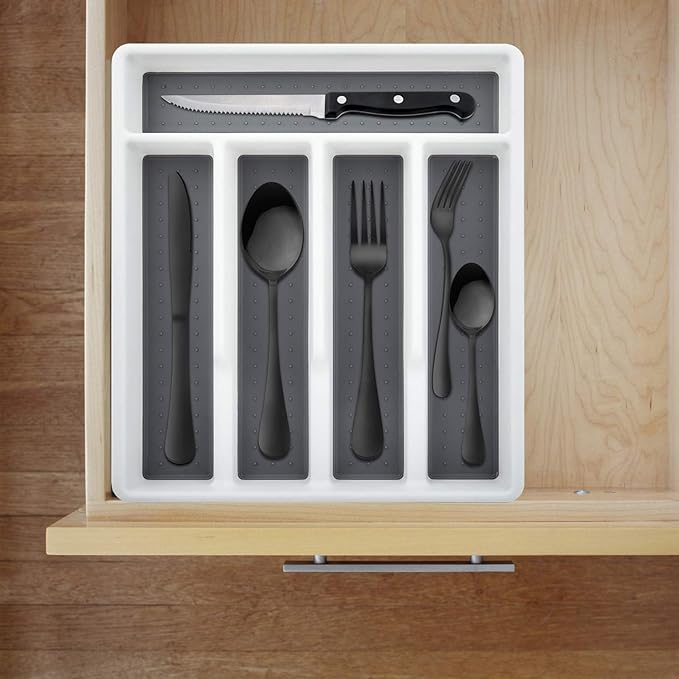 HaWare 24-Piece Silverware Set with Flatware Drawer Organizer, Stainless Steel Cutlery with 4 Steak Knives, Eating Utensils Service for 4, Mirror Polished, Dishwasher Safe-Black
