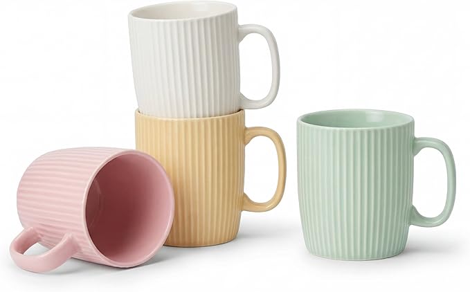 Coffee Mugs Set of 4, 14oz Ceramic Coffee Cups Set, Modern Ribbed Striped Coffee Cups with Large Handles for Latte, Tea, Cocoa, Dishwasher & Microwave Safe, Lead-Free, Stackable