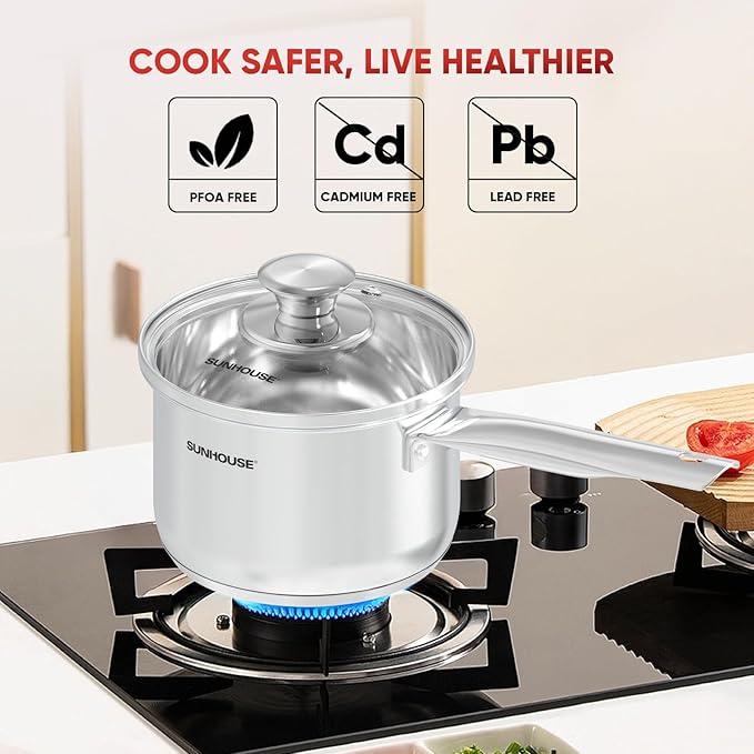 SUNHOUSE - 1.5 Quarts Stainless Steel Sauce Pan with Lid - PFOA-FREE, Stainless Steel Sauce Pan, Advanced Impact Bonding Induction Base, Stay-Cool Handle, Compatible with All Cooktops