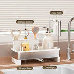 Sink Caddy, Stainless Steel Sink Caddy with Brush Holder, Kitchen Sink Caddy Dishcloth Rack and Holds Soap Dispenser, Sink Organizer Auto-Drain Rustproof Countertop Organizer (White)