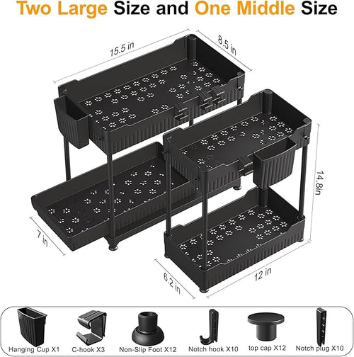 3 Pack Under Sink Organizers, 2-Tier Multi-Use Kitchen and Bathroom Organizers and Storage with Sliding Drawers, Bathroom Cabinet Organizer (Black, 14.8 Inch)