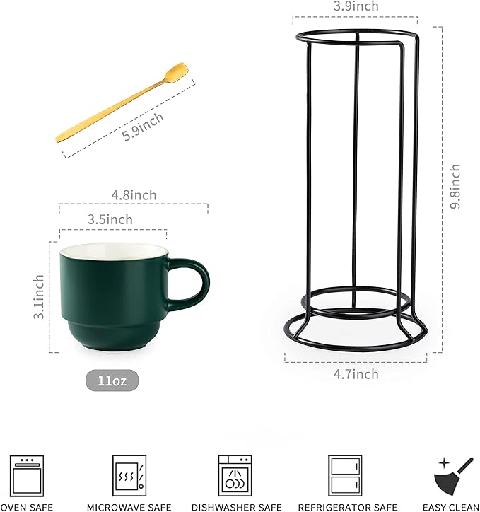YHOSSEUN Stackable Coffee Mugs, Coffee Mug Set of 4 with Rack and Spoons, 11 oz Tea Cup Set for Espresso Drinks Cappuccino Latte, Coffee Cup Christmas Gift, Dark Green