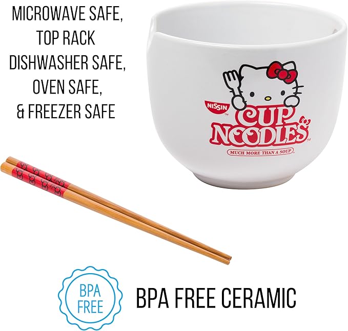 Silver Buffalo Sanrio Hello Kitty Cup Noodles Nissin Ceramic Ramen Noodle Rice Bowl with Chopsticks, Microwave Safe, 20 Ounces