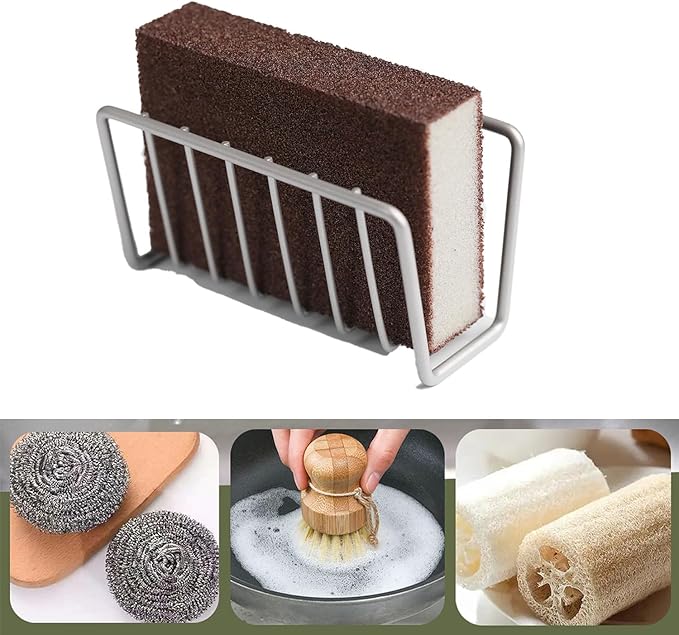 Sponge Holder for Kitchen Sink, Stainless Steel Sink Caddy with Strong Suction Cups, Rustproof Suction Sponge Holder Organizer for Sponge, Scrubber & Brush – Silver