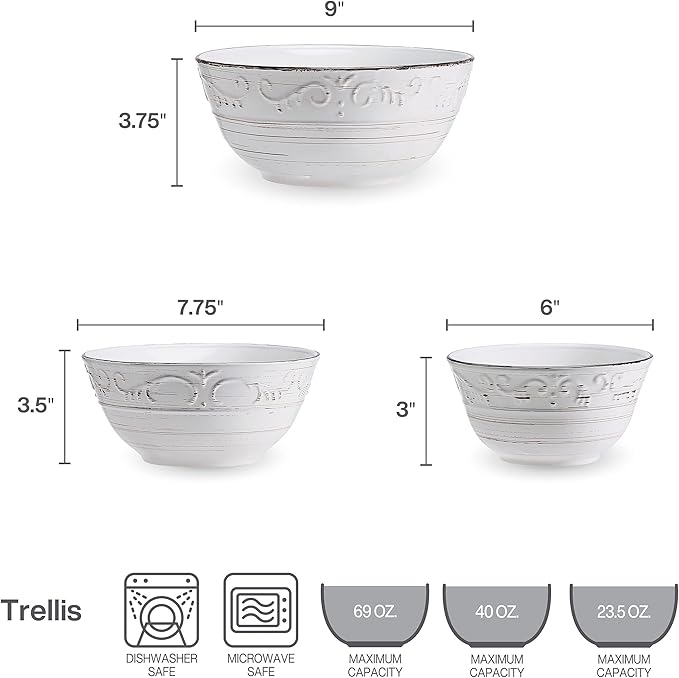 Pfaltzgraff Trellis Serving Bowls, Set of 3, White