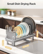 Dish Rack, Carbon Steel Small Dish Drying Rack Rustproof for Kitchen Counter, Compact Space-Saving Dish Drainer with Adjustable Slots for Small Kitchens & Apartments, 16.5×6.5×7inch, Grey