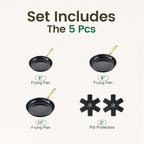 Chef Power Ceramic Frying Pan with Stainless Steel handle 5Pcs Set, Non-toxic Non Stick Grill Pan Set, Induction, Dishwasher and Oven Safe, Stone Black & Light Gold Handle, 8'', 9'', 11'' Skillet