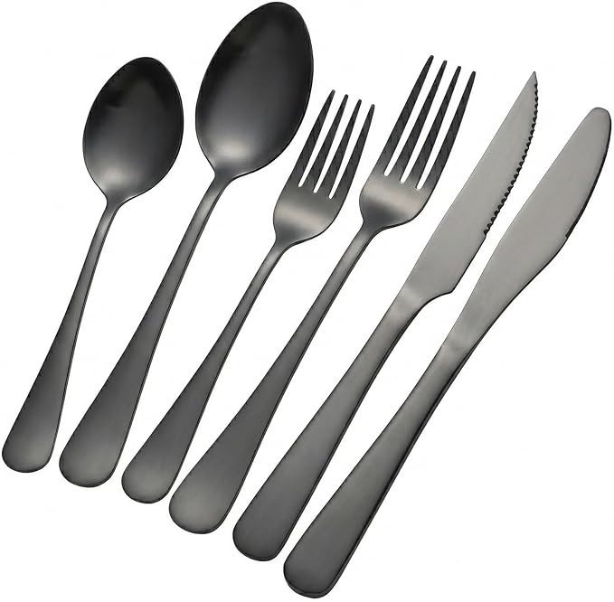 GPY Black Silverware Set with Steak Knives, 36-Piece Stainless Steel Flatware Set Service for 6, Titanium Plated Black Eating Utensils, Modern Mirror Finish Cutlery for Kitchen & Home